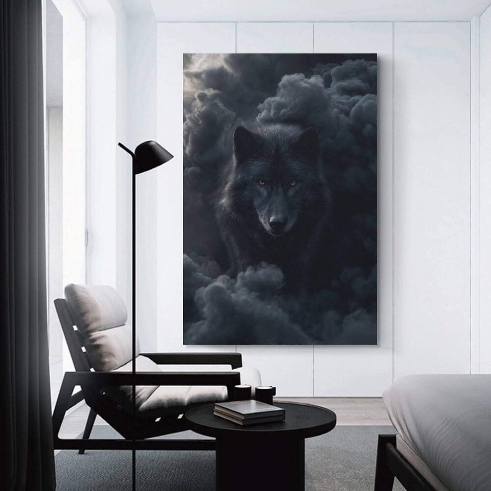 Junmoney Canvas Wall Decor Black Wolf in Smoky Atmosphere, 24x36inch(60x90cm), for Flats, Guest Rooms Or Compact Rooms, Wall Decor with Flexible Room Appeal