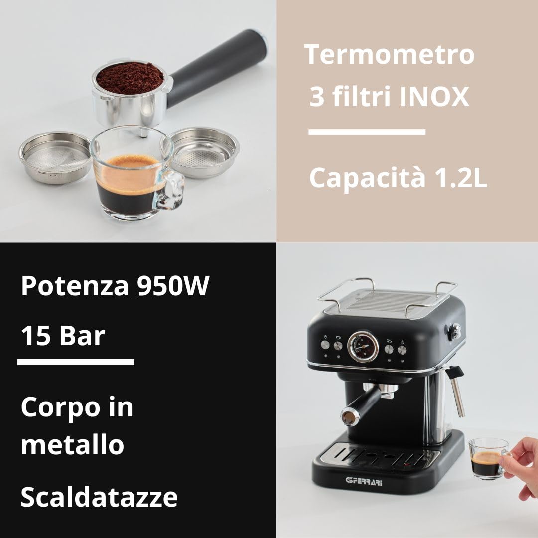 G3 Ferrari G10188 Alchimia Macchina da Caffè Espresso, 15 Bar, Compatibile con Cialde e Caffè in Polvere, Cappuccinatore, 3 Filtri INOX, Serbatoio 1.2L, Funzione Standby e Sleep, Scaldatazze