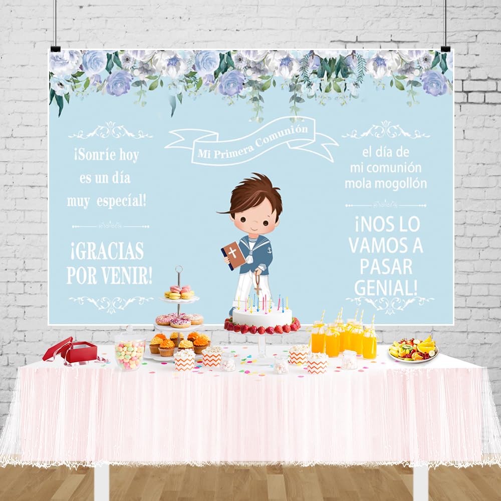 CHXSM 3 x 0,5 m Blu Prima Comunione Banner Bambino 1 ° Battesimo Festa Giardino Decorazioni Forniture Compleanno Bambini Decorazione