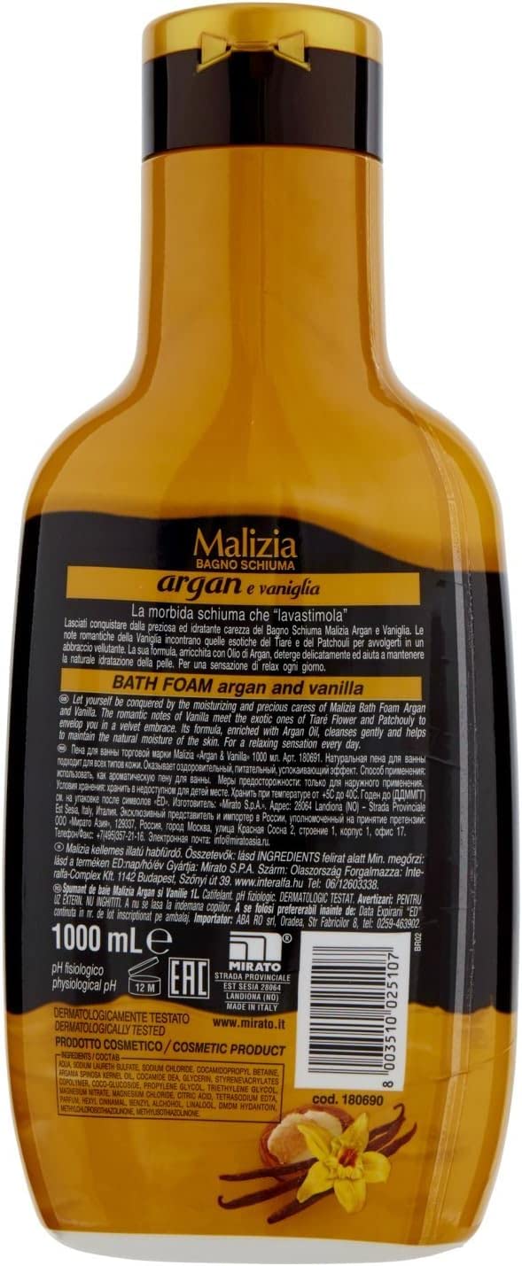 6x Malizia - Bagno Schiuma, Argan e Vaniglia - Bath Foam Bagnoschiuma 1000ml + 1 Confezione di Talco Felce Azzurra in omaggio, Busta da 100g