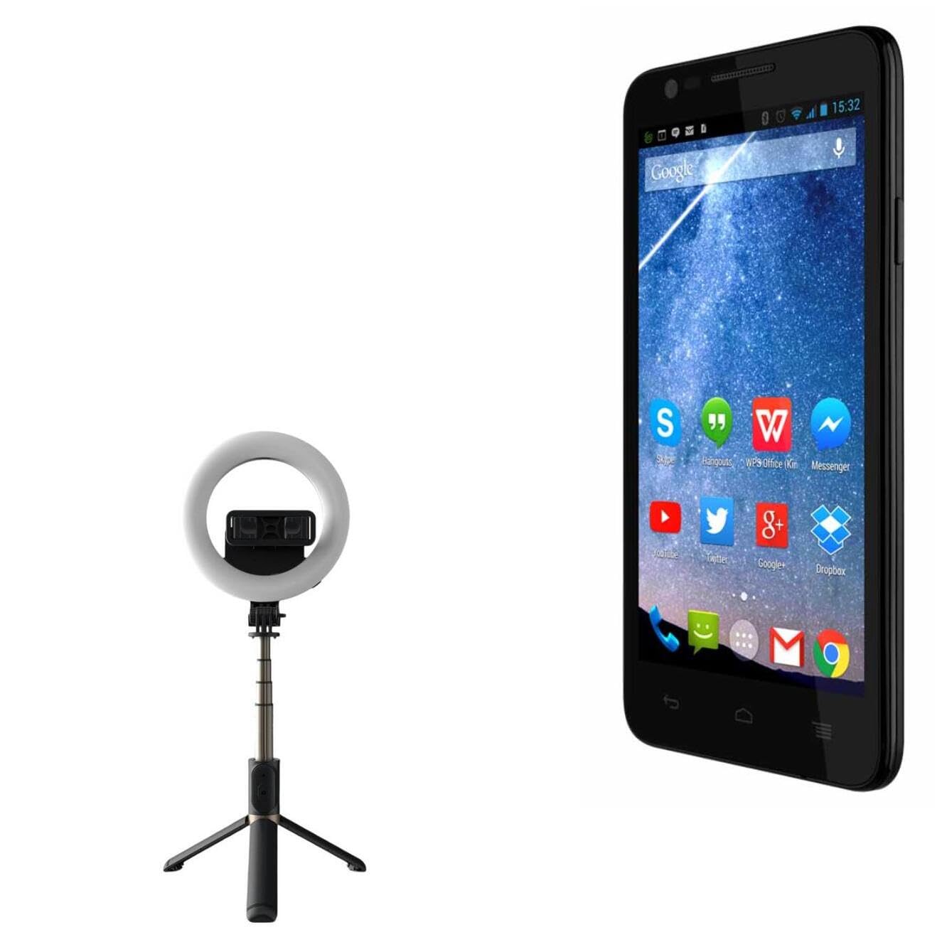 BoxWave Stand and Mount Compatible with Coolpad Diamante - RingLight SelfiePod, Selfie Stick Extendable Arm with Ring Light - Jet Black