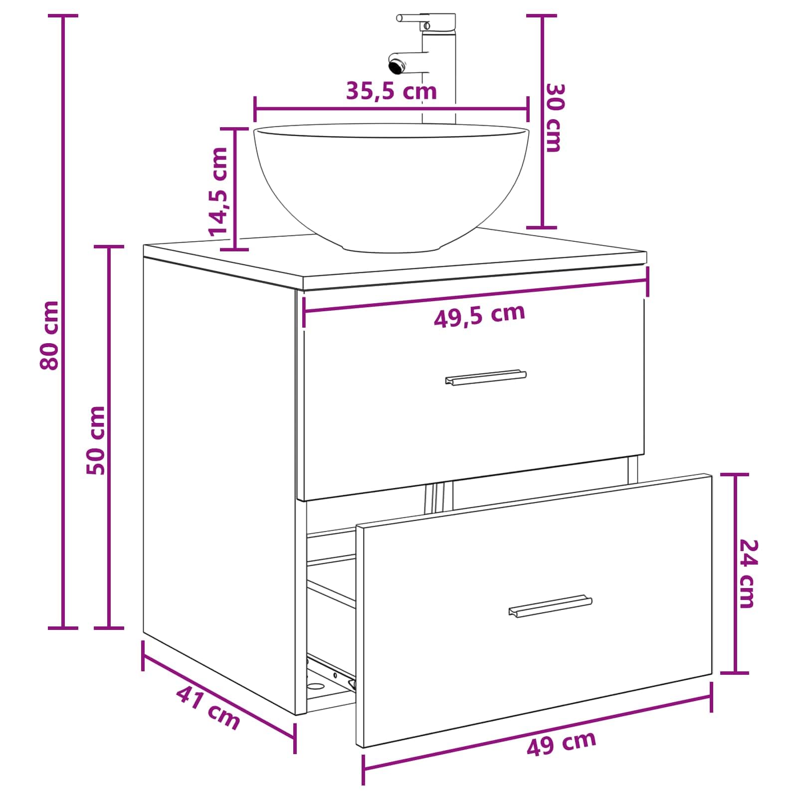 Lavabo da parete in legno anticato, 49,5 x 41 x 64,5 cm, con cassetto e scarico rapido, per mobili da bagno, bagno degli ospiti, bagno e ristrutturazione