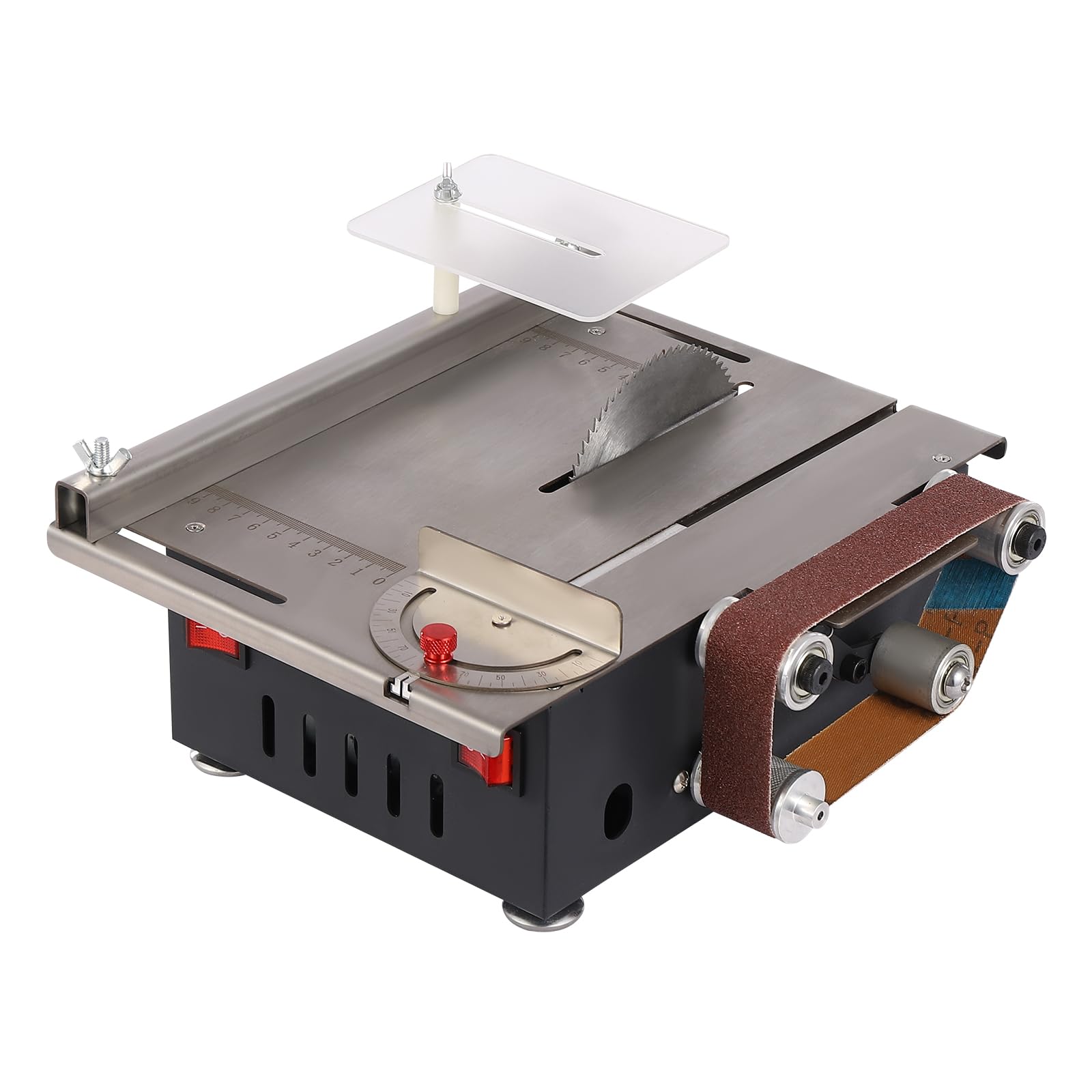 Mini Table Saw, Electric Saw Cutter & Belt Sander 200W Dual-axis Motor 7-Speed, 0-90° Angle 10000RPM for Wood, Stone Cutting & Sanding