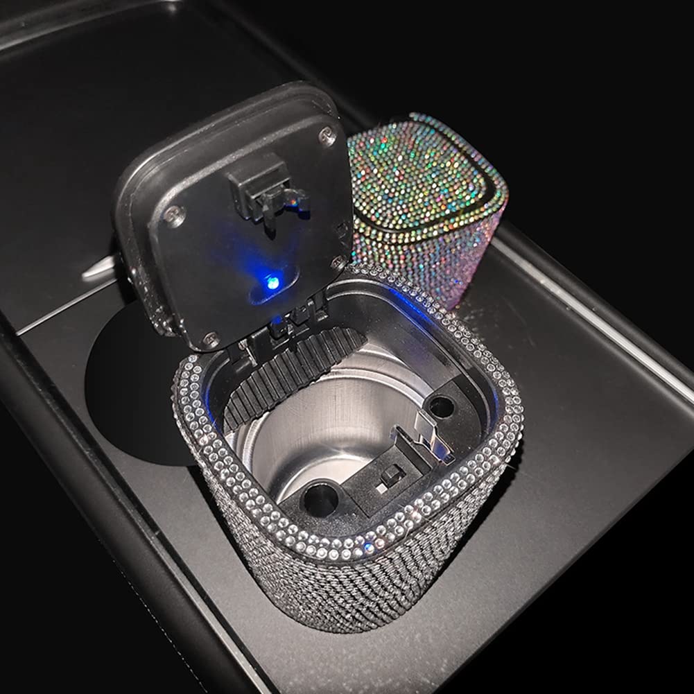 Posacenere portatile per auto, con brillantini, con coperchio e luci a LED, 9 cm x 7,5 cm x 7,5 cm x 7,5 cm x 7,5 cm
