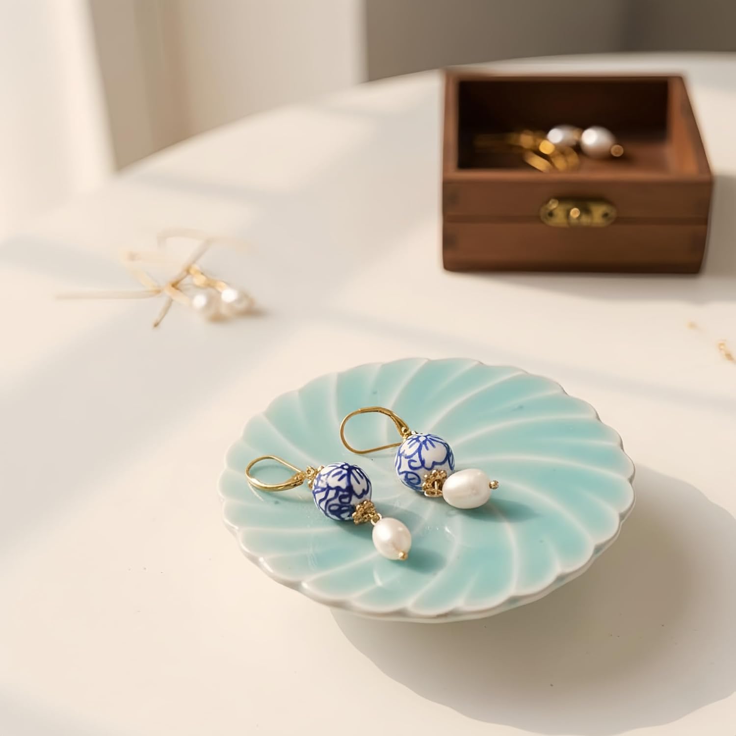 Blue & White Porcelain Pearl Earrings for Women, Lucky Four Leaf Clover Dangle Earrings, Vintage Chinoiserie Jewelry, Something Blue Wedding Bridesmaid Gift, Elegant Aesthetic Earrings - Image 3