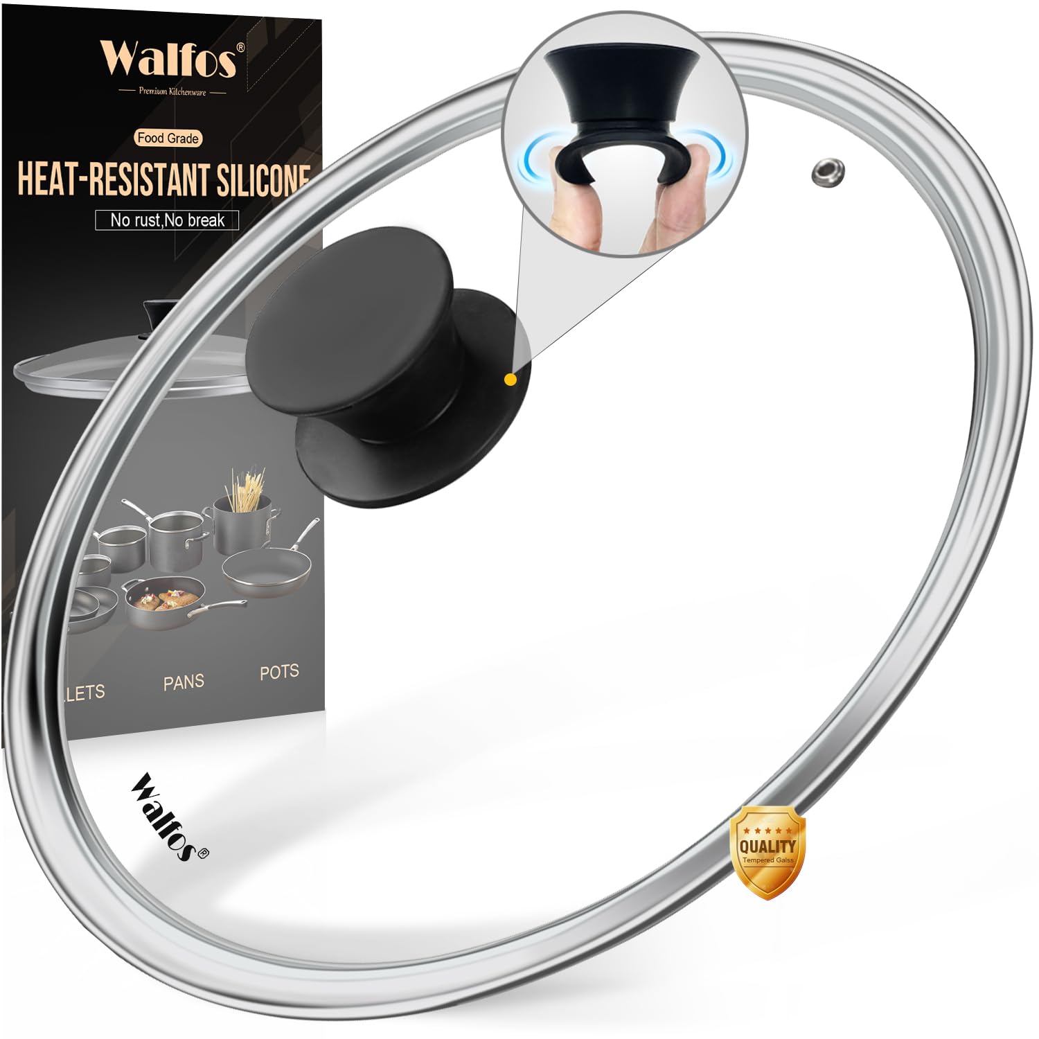 Walfos Glass Pan Lid for Pots, Skillets, Frying Pans - Tempered Glass With Heat Resistant Silicone Knob, Fits 30cm Diameter Cookware (Black)