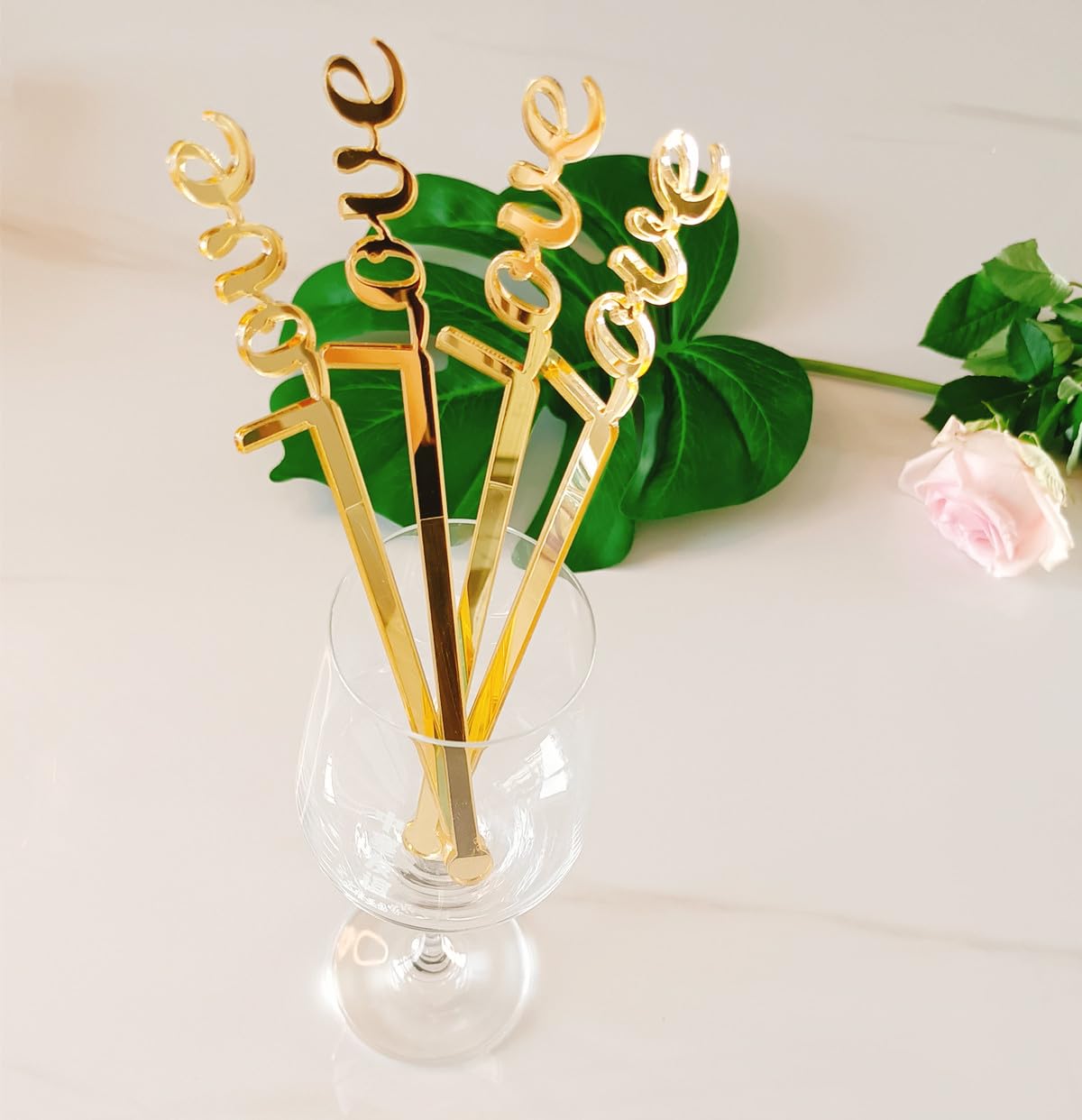 Gold Acrylic Mirror Love Drink Stir Sticks,Valentine Drink Stirrer,Engagement Bridal Shower Bachelorette Drinks Stir Stick