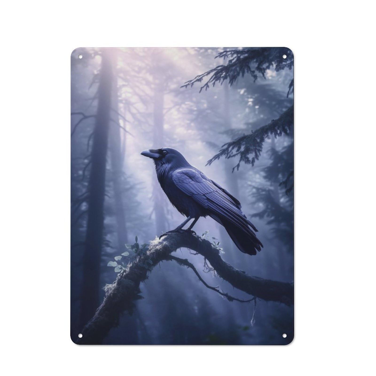 Junmoney Raven Crow In Misty Forest Metal Wall Sign 40X30cm Featuring For Hallway Wall, For Kitchen, Dining Room And Home Bar Wall Decor