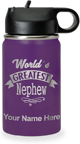 Miniatura 32 de LaserGram Botella de agua con tapa abatible de doble pared de 20 onzas con popote, sobrino más grande del mundo, grabado personalizado incluido