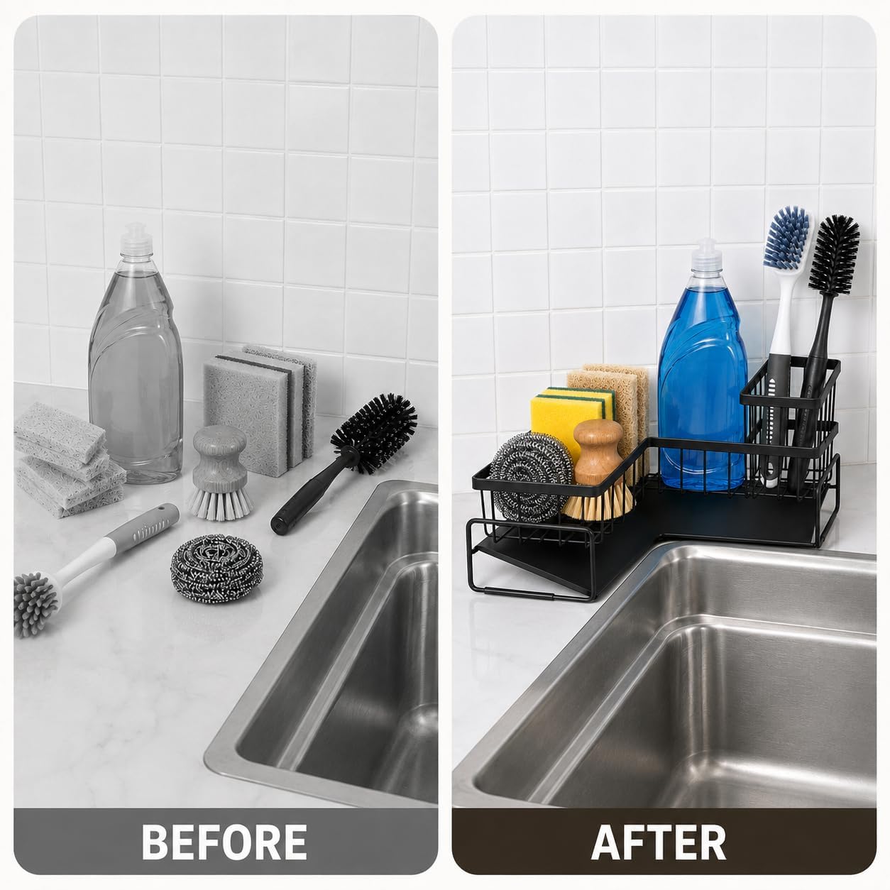 L-Shaped Sponge Holder for Kitchen Sink, Corner Sink Caddy, Sink Organizer