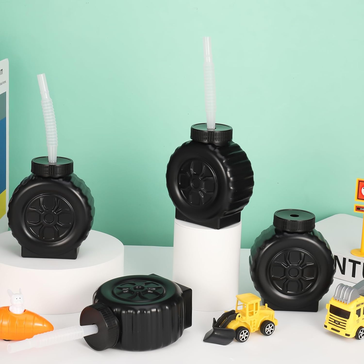 12 Pcs Construction Truck Cup Set Wheel Water Cup Truck Construction Cup for Birthday Party Construction Theme Party Car Party Decoration with Transparent Straw