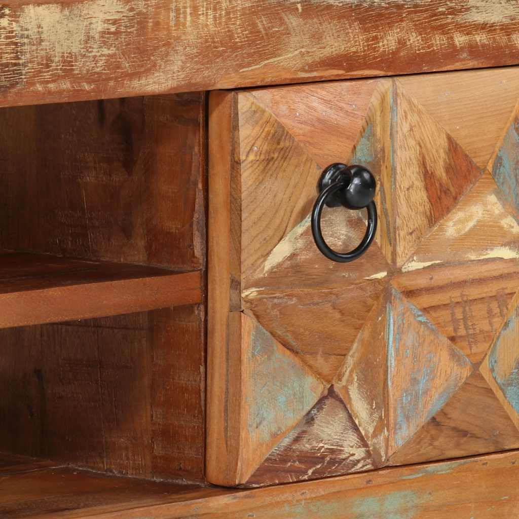 Mobile Porta TV 112x30x45 cm in Legno Massello di Recupero | Mobiletto basso vintage per soggiorno con ante e ripiani in legno riciclato e gambe in metallo.