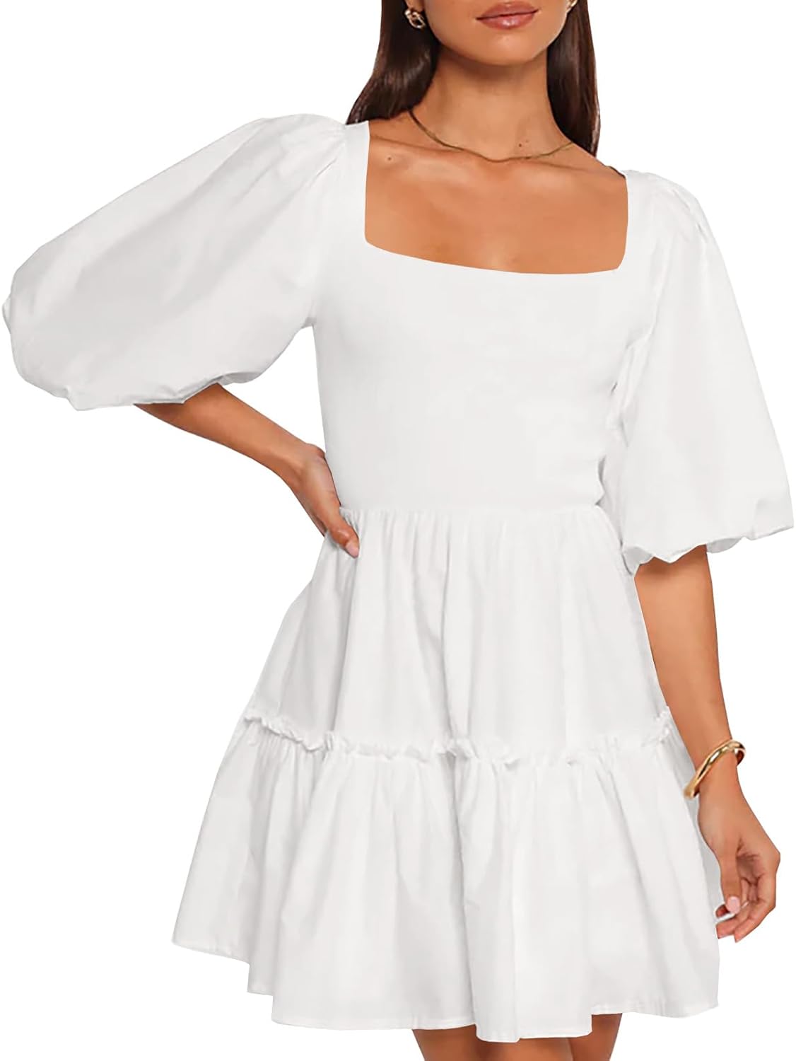 Women Puff Half Sleeve Square Neck Mini Dresses Elastic Waist Elegant Summer Casual Ruffles Dress - Image 3