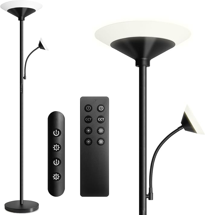 BBHome BBHome Vloerlamp voor woonkamer, led, staande lamp, dimbaar, 27 W, met leeslamp 6 W, moderne vloerlamp met afstandsbediening en touchscreen voor woonkamer, slaapkamer, kantoor