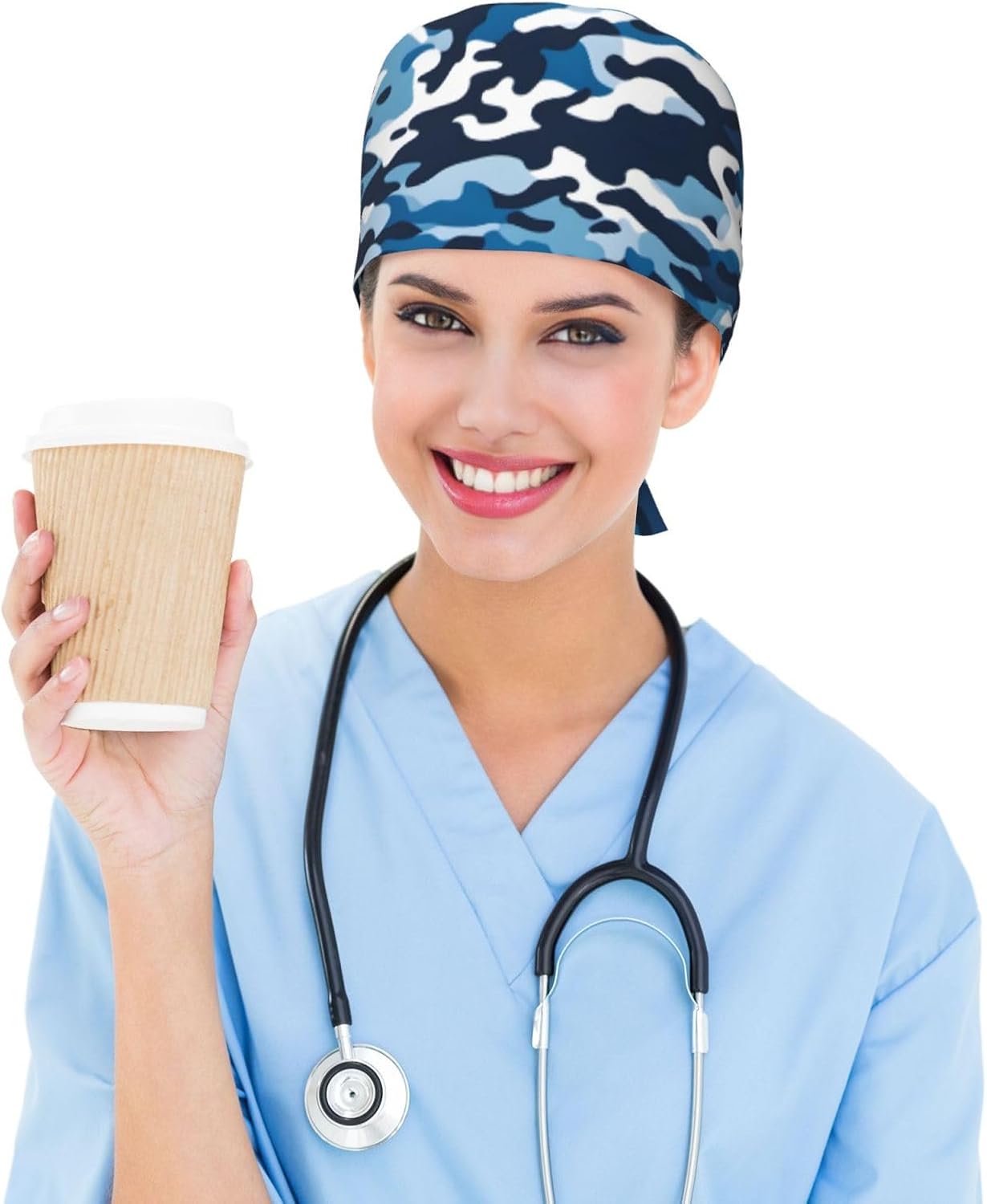 Breathable Work Hat Blue Camo Pattern Adjustable Comfortable Chef Hat for Women & Men