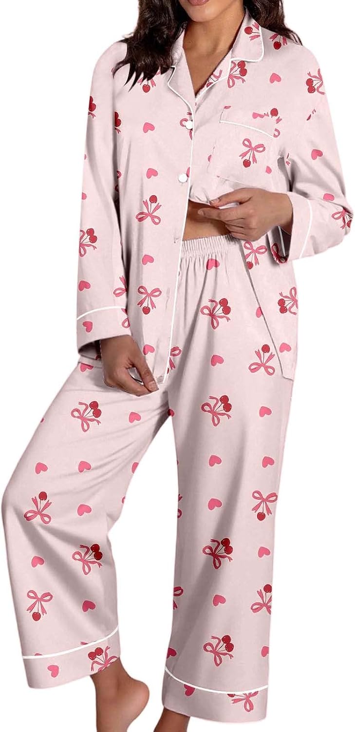 Women Pajamas Sets,Women Pajama Long Sleeve Cute Print Two Pieces Outfits | Pajamas For Women Set Long Sleeve Button Up 2 Piece Shirt With Pants Long Sleeve Comfortable Clothing Women Pajamas Sets Pink