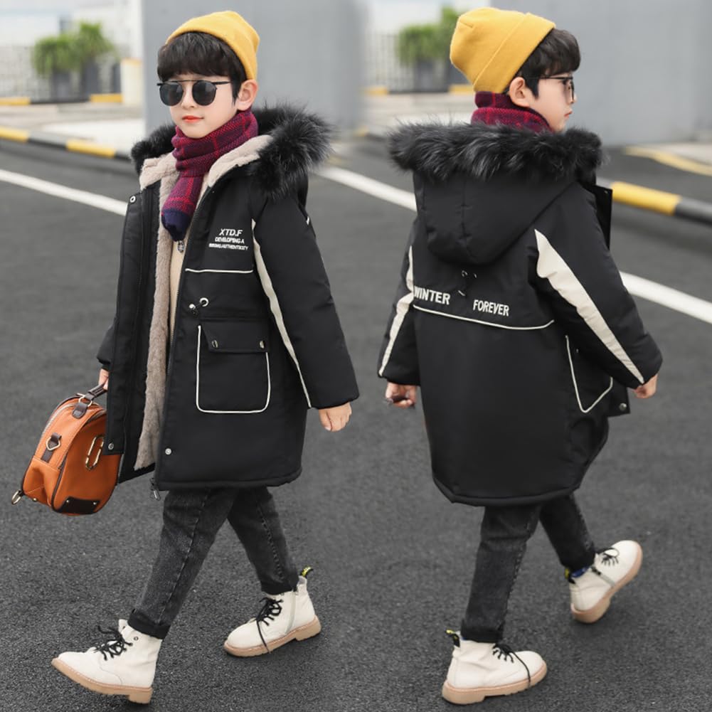 Veste Garcon Chaud Coupe-vent Manteau Enfant Epais Polaire Blouson Long Décontracté Hiver Vêtement avec Capuche à Col de Fourrure