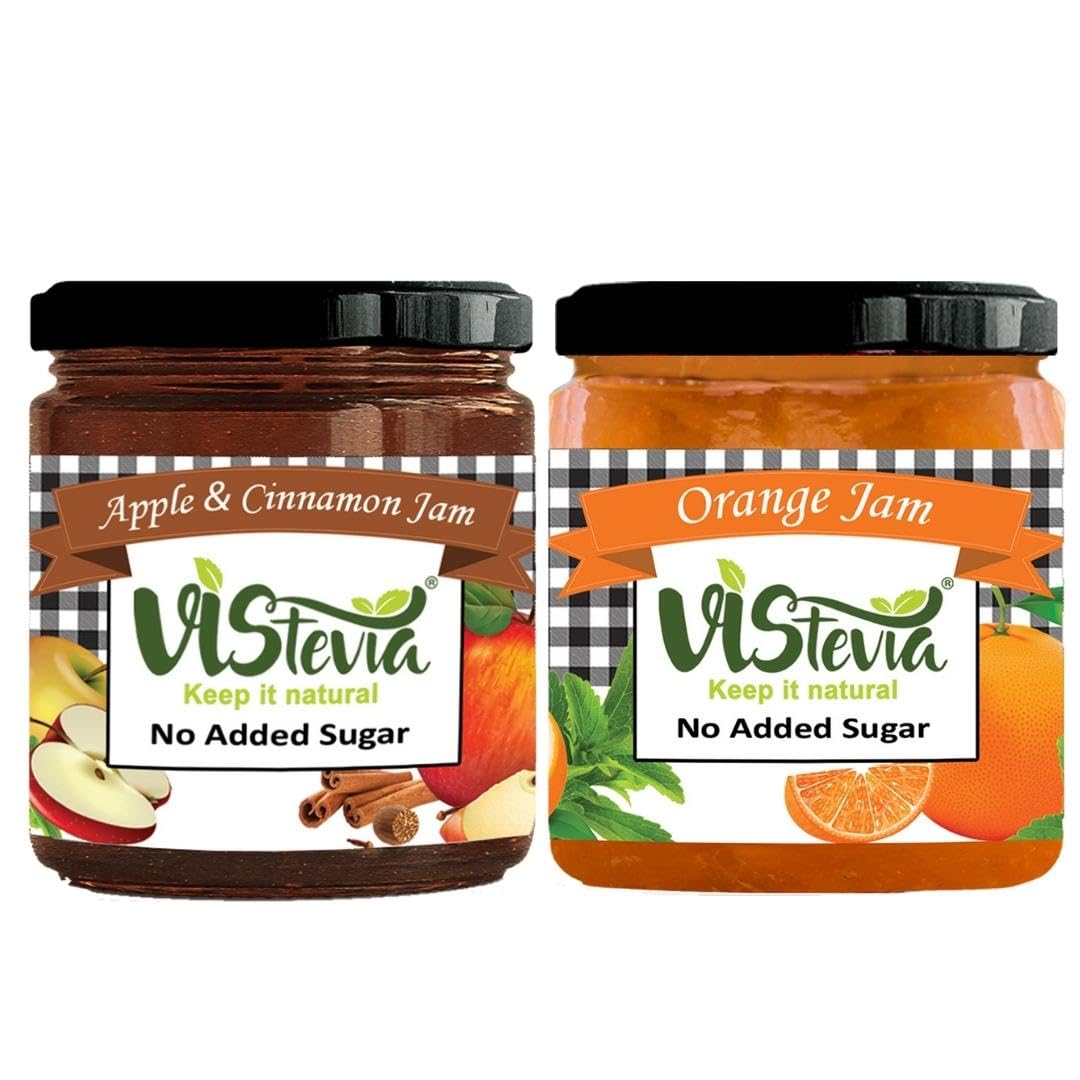 Vistevia Sugar Free Apple Cinnamon and Orange Jam, Diabetic and Keto Friendly - Sweetened Naturally with Stevia, More Than 60% Fruit Content - Tastes Delicious - Pack of 2 (220 * 2 GM)