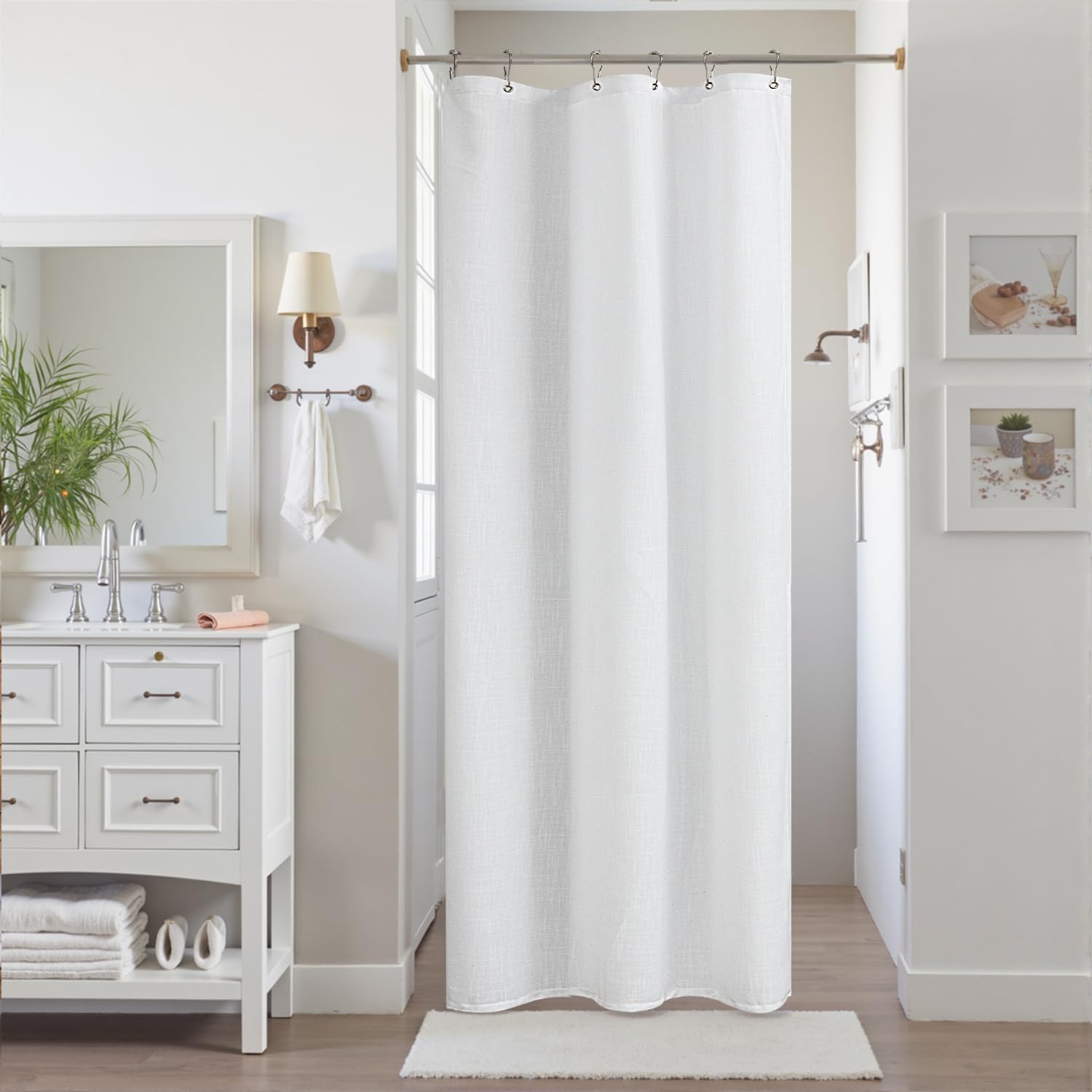 KOUFALL White Waterproof Linen Fabric Shower Curtain for Bathroom 48x72 Inches Long