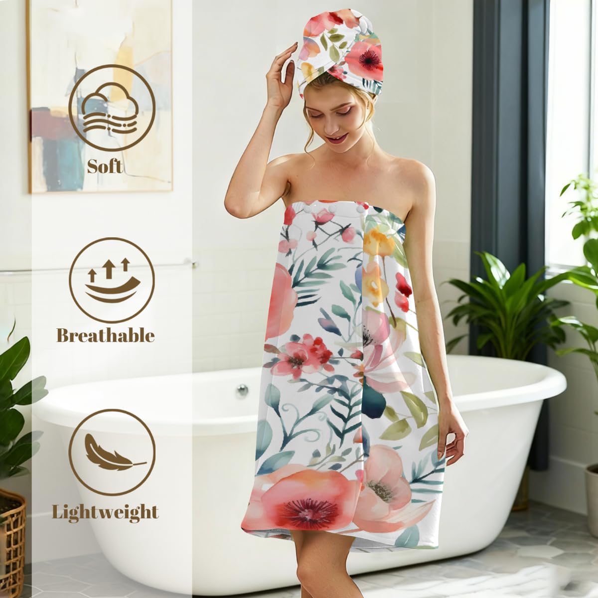 Mikrofaser-Duschtuch für Damen, mit Haarhandtuch, Aquarell-Blumen und grüne Pflanzen, Kunstdruck, weiche Körperwickel, Kleid mit Haartrocknungskappe für Strand, Pool, Spa, 2 Sets