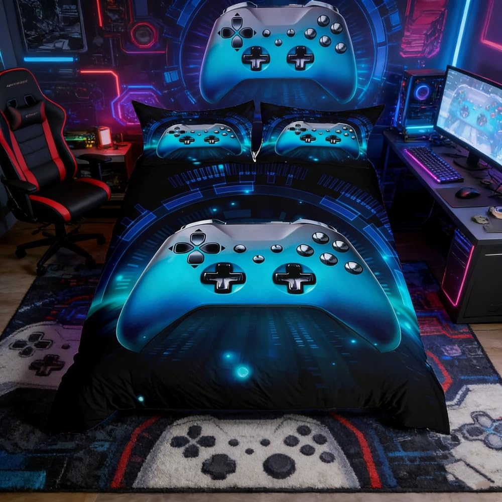 Loussiesd Boys Multicoloured 13 Galaxy Gamepad Duvet Cover Set 3D Video Game Gamepad Bedding Set Kids Blue Gradient Game Controller Comforter Cover Gamer Quilt Cover Bedroom Collection 3Pcs Double Size