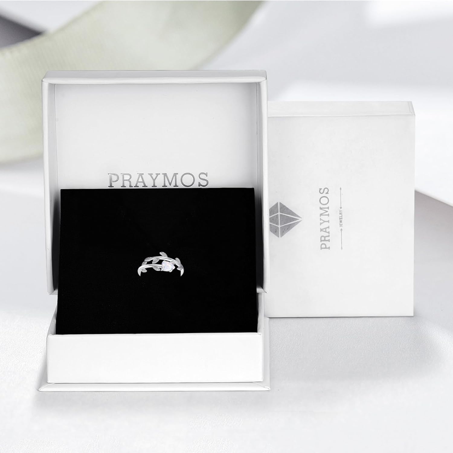 PRAYMOS 925 Sterling Silver Leaf Ring White Opal Moonstone Rings Adjustable Open Ring for Women with Jewelry Box Size 7-9 - Image 6