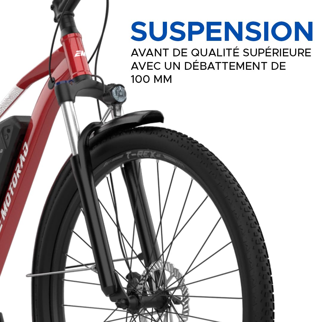EMotorad T-Rex Air | Vélo Électrique Tout-Terrain pour Adultes | Pneus 29x2.4" | Moteur 36V 250W | Batterie Amovible 13Ah | Suspension Avant 100mm | Freins à Disque Mécaniques