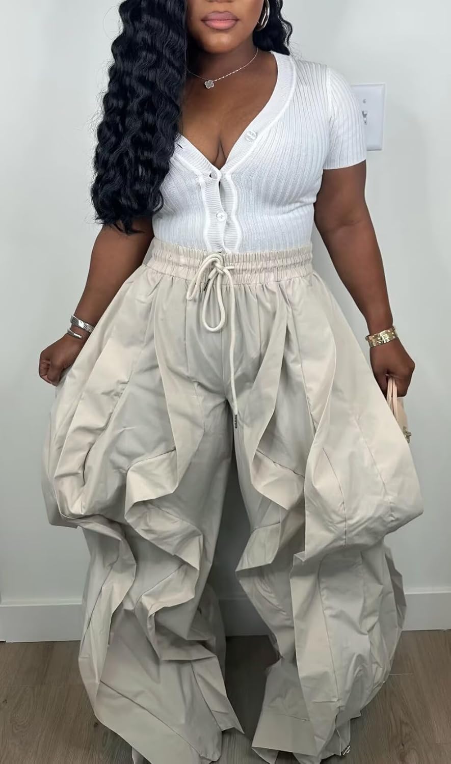 LROSEY Women Baggy Ruffle Wide Leg Pants Trendy Casual Y2k Drawstring Cargo Joggers with Pockets - Image 3