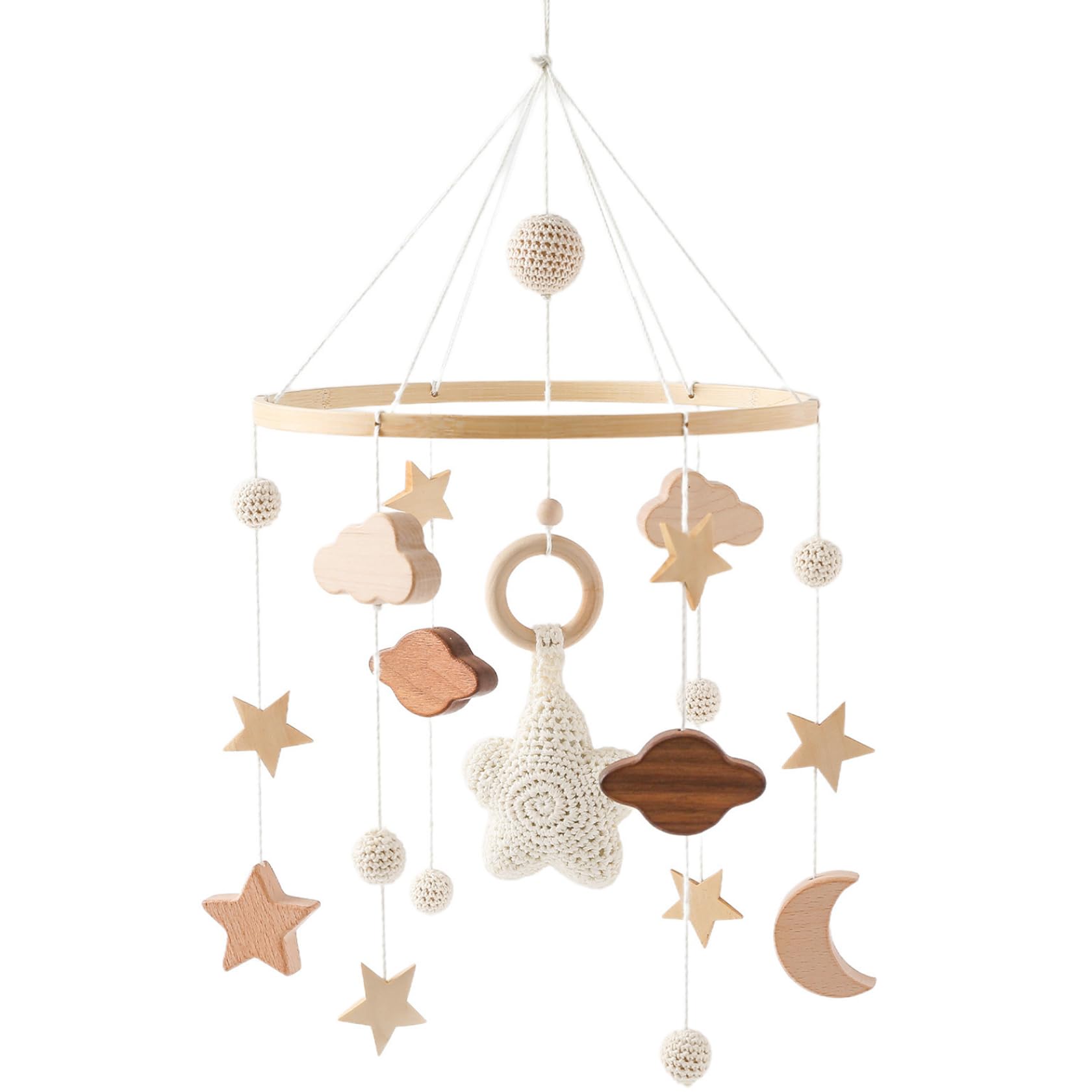 Baby Crib Mobile, Stars Clouds Moon Baby Mobile with Crisp Sound Hand-Crocheted Wood Nursery Mobiles Boho Crib Toys Hanging for Boys Girls