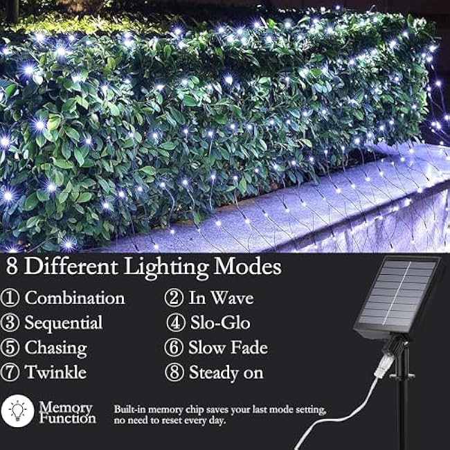 iBaycon Solar Christmas Net Lights, 5ft 5ft Mesh With 8 Modes, Waterproof Bush Lights for Xmas Trees, Party, Garden, Wedding, Outdoor Decorations (White)