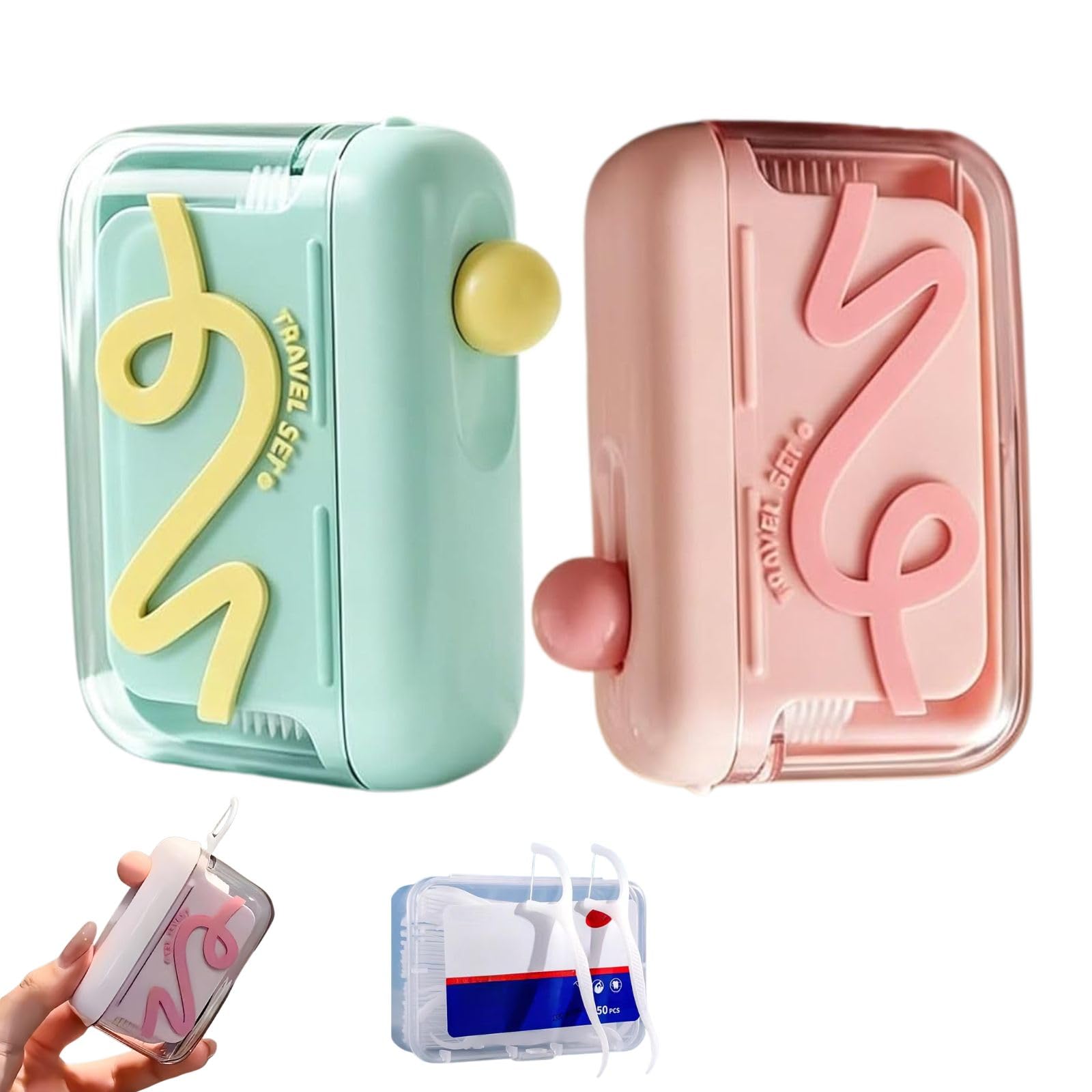 Photo 1 of 2 Pack Automatic Pop-up Portable Floss Dispenser Refillable – Travel Floss Pick Case with 50pcs Dental Floss Picks, Compact Flosser Holder for Home Restaurant On-the-Go Oral Care (Pink+Blue)