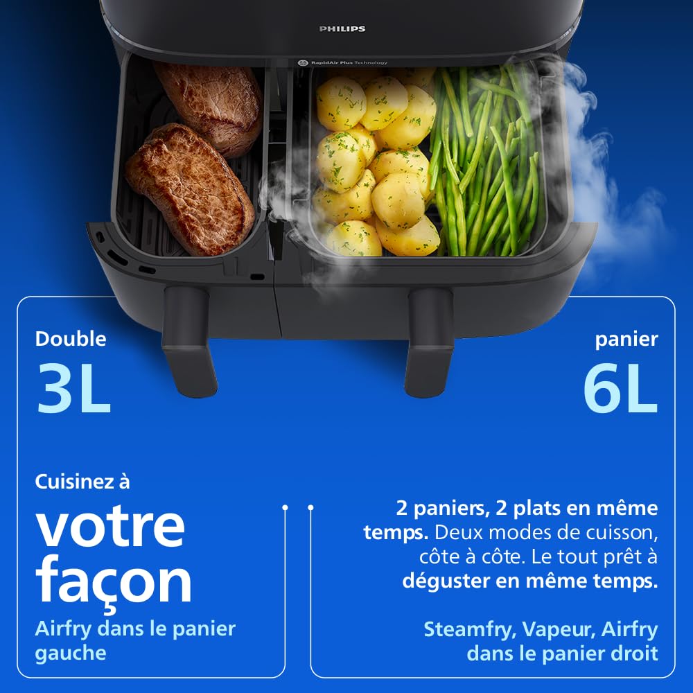 Philips Airfryer Série 5000 - Air Fryer double panier avec cuisson vapeur, 9L, RapidAir, 19 modes de cuisson, jusqu'à 90% de matières grasses en moins, AirSteam, nettoyage vapeur, HomeID (NA550/00)