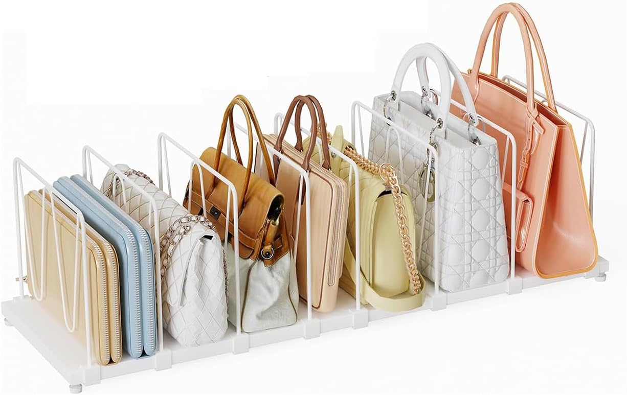Dmevkic Extendable Purse Organizers Purse Storage. Length 15-27inch. Bag Organizer Purse Holder for Closet with 8 Adjustable Shelf Dividers（White）