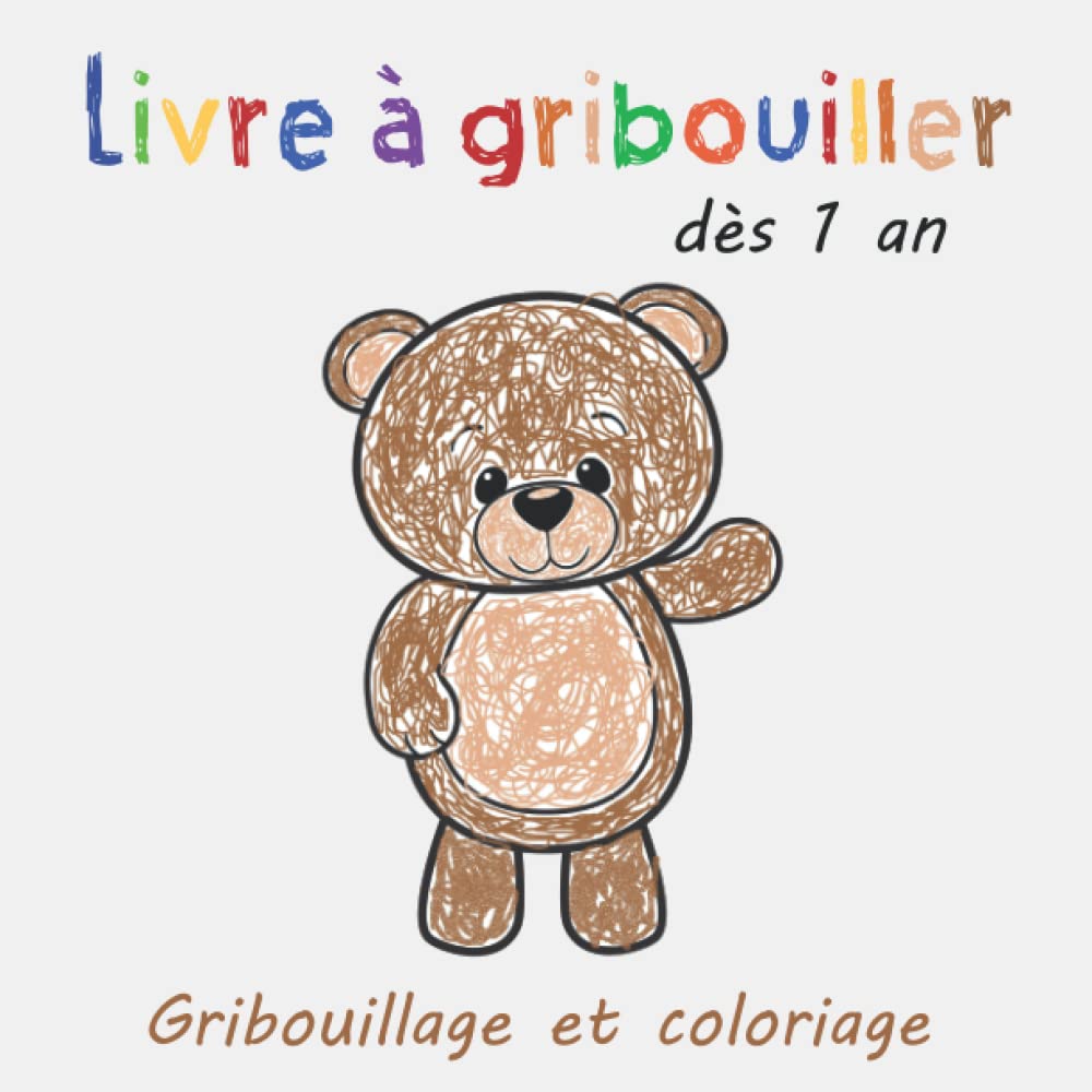 Livre à gribouiller dès 1 an: Livre de coloriage épais avec 50 jolis motifs simples à gribouiller, à colorier et à apprendre les premiers mots
