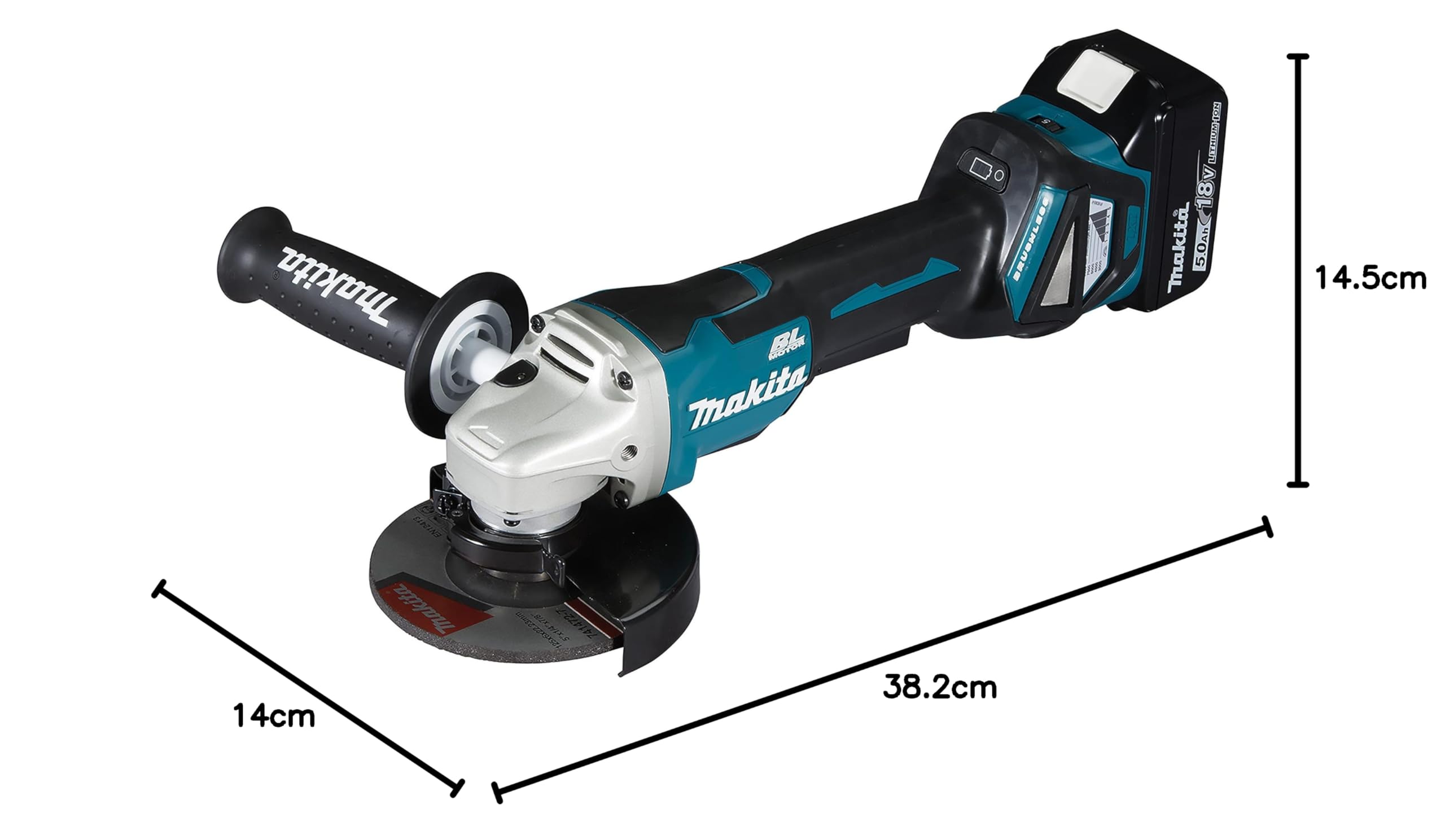 Makita DGA515RTJ Smerigliatrice angolare a batteria 18 V con interruttore a paddle / 5,0 Ah, 2 batterie + caricatore in MAKPAC