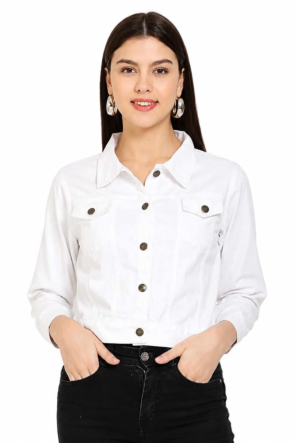 Women's Solid Cropped Jacket with Collar & Flap Pockets-image-26