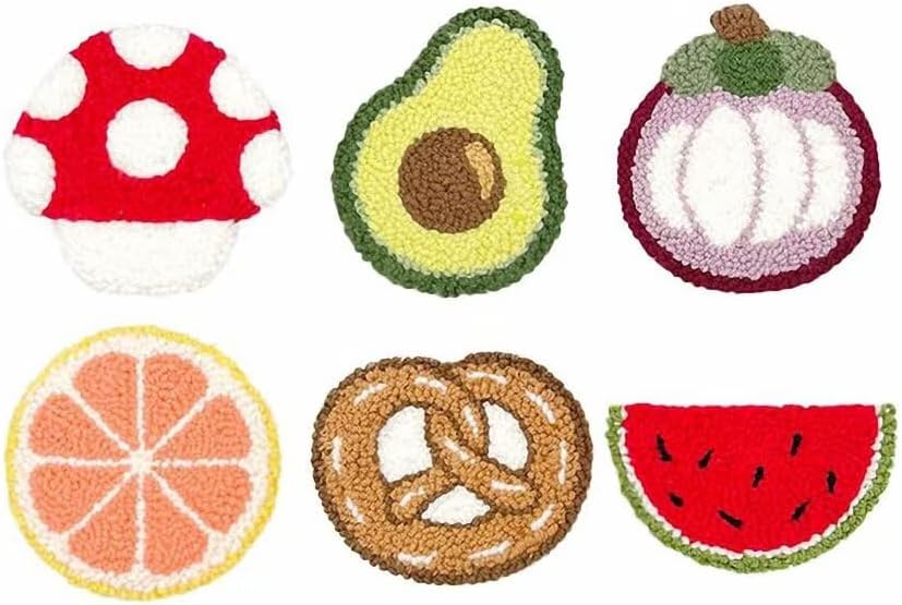 Punch Needle Coaster Kit 6 Patterns Fruits Tufted Rug Pads, DIY Needle Punch Coaster Kit for Adults Beginners with Adhesive Felt Yarns Embroidery Hoop Tools Instruction