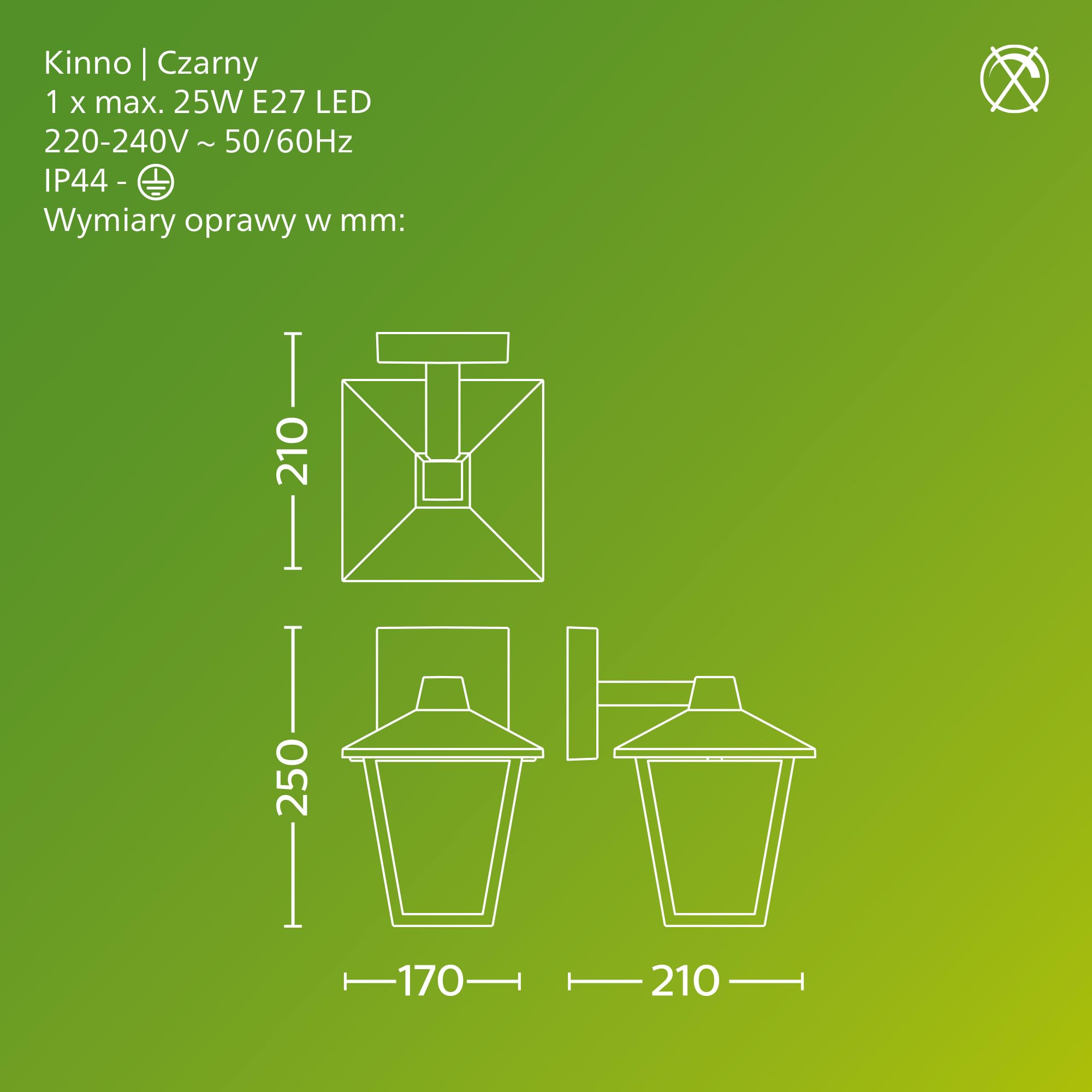 Philips Kinno Zewnętrzna Lampa Ścienna, Max 25W, Gniazdo E27, Czarna