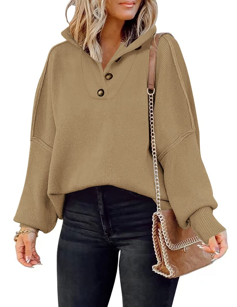 LILLUSORY Women's Long Sleeve Button Up Drop Shoulder Sweaters 2023 Fall Oversized Slit Side Knit Pullover Sweater