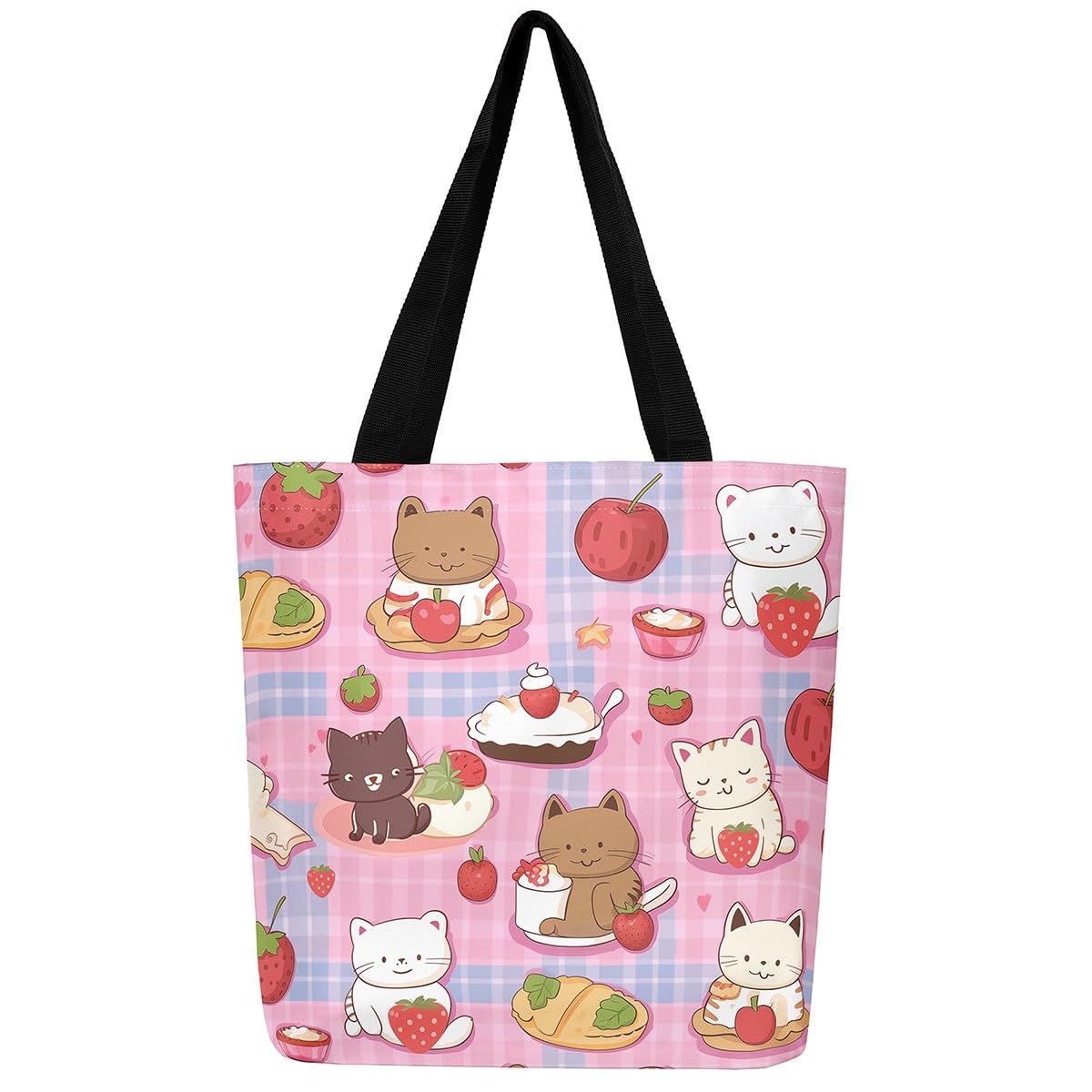 Loussiesd Cute Cat Canvas Tote Bags Gifts Cartoon Pet Cat Print Large Capacity Shoulder Handbags Kawaii Animal Cat Pink Travel Beach Bag Soft Reusable Grocery Bag for Shopping Gym