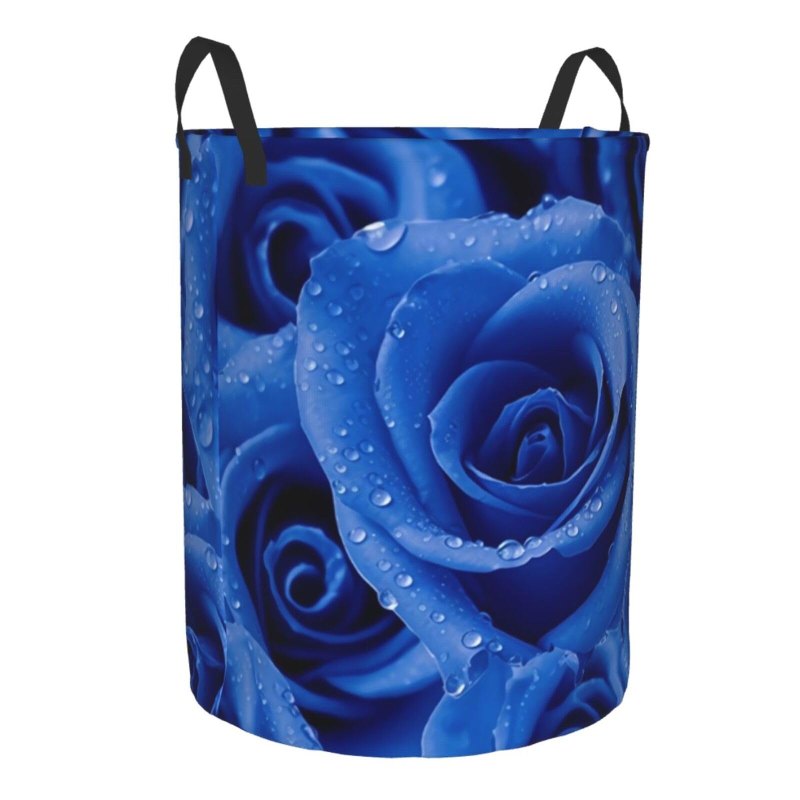 blue Rose print Circular Hamper Waterproof Storage Bin Organizer Basket Laundry Hamper With Handles For Clothes Toys Small