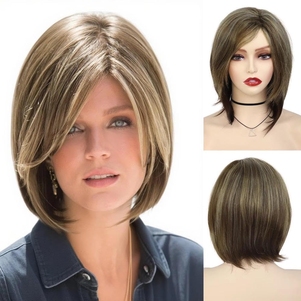 Haarpflege Kurze Braune Bob-Perücken Für Weiße Frauen Schulterlange Braune Highlight-Perücke Mit Seitlichem Pony