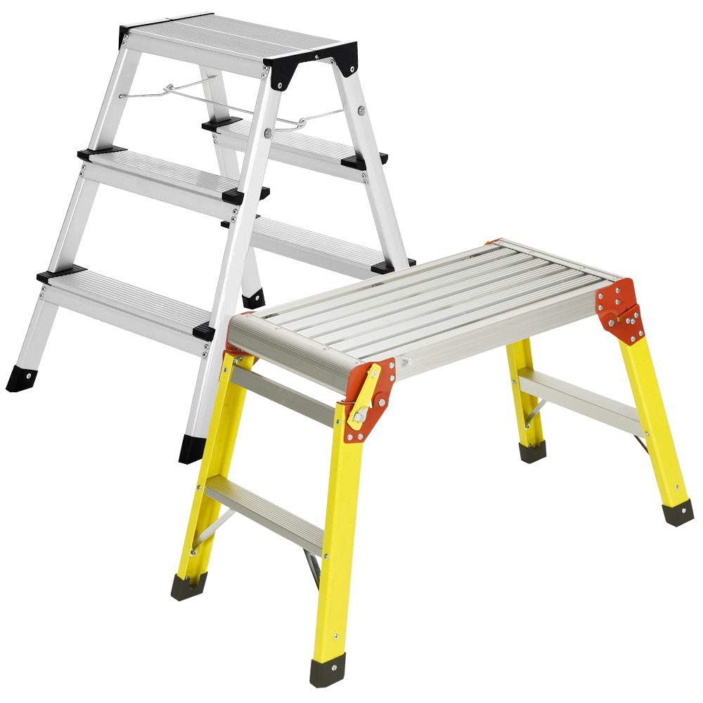 Excel 3 Step Folding Aluminium Ladder & Fibreglass Hop Up Work Bench Platform