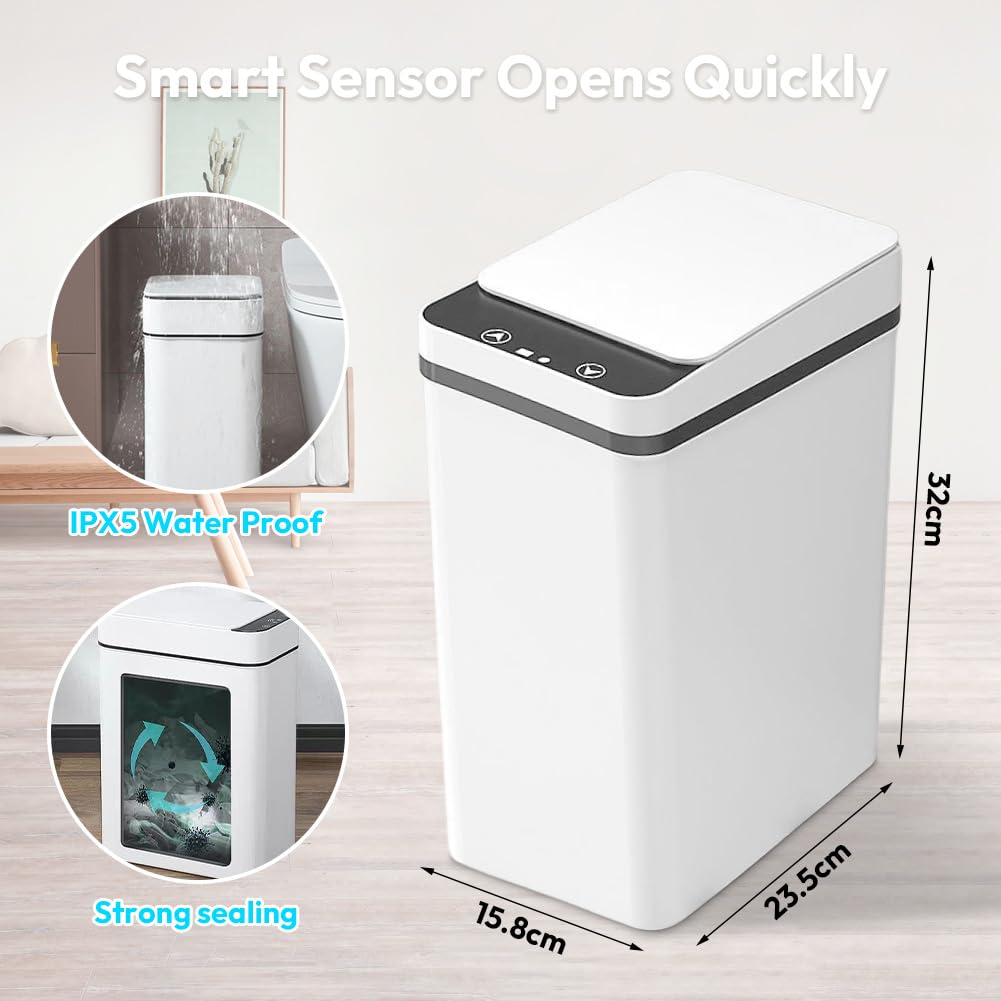 Cubo de Basura Para Baño, 12 L, con Sensor Inteligente, Es un Cubo de Basura de Plástico ABS para la Cocina Está Equipado con Una Tapa, se Cierra Silenciosamente y Es Resistente Agua (Blanco)