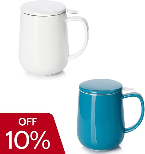 Sweese Taza de té de porcelana de 20 onzas con infusor y tapa, taza de té de hojas sueltas, regalos para amantes del té, blanco y azul acero