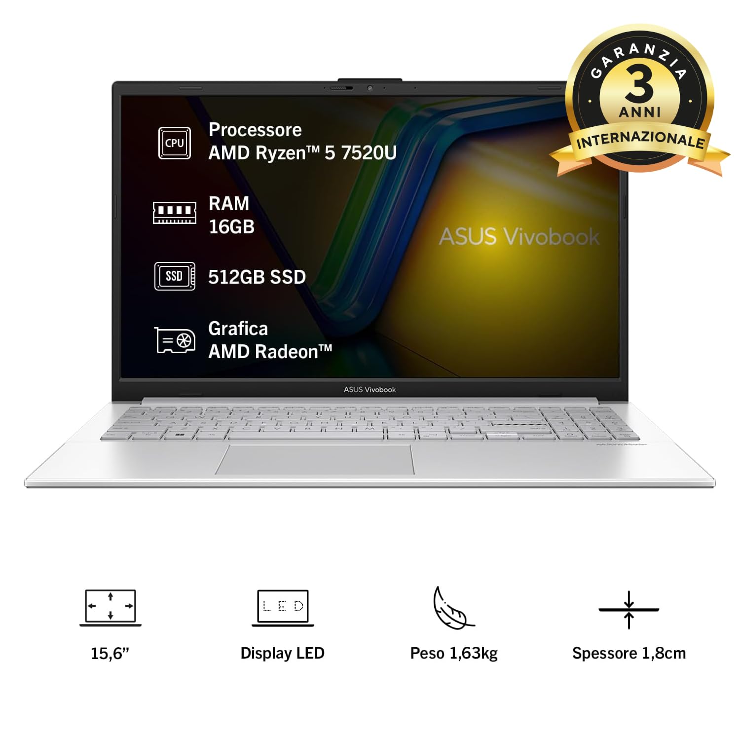ASUS Vivobook Go 15 E1504FA#B0F2HXM5K3, Notebook con Monitor da 15.6" Anti-glare, 60Hz, AMD Ryzen™ 5 7520U, RAM 16GB, 512GB SSD, Windows 11 Home, Argento