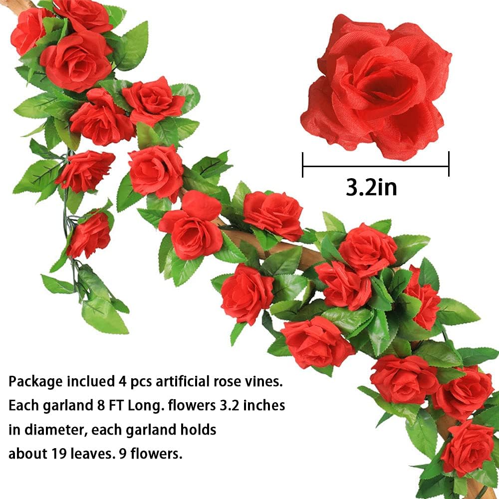 4 Pack Fake Rose Vine Flowers Plants 32.2 FT Artificial Flower Hanging Rose Ivy Home Hotel Office Wedding Party Garden Craft Art Decor (Red)