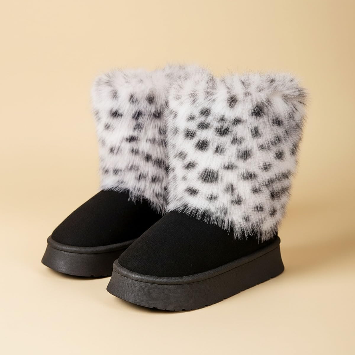 Women's Leopard Print Faux Fur Snow Boots, Plush Lined Suede-Like Winter Boots with Thick Platform Sole for Cold Weather Comfort