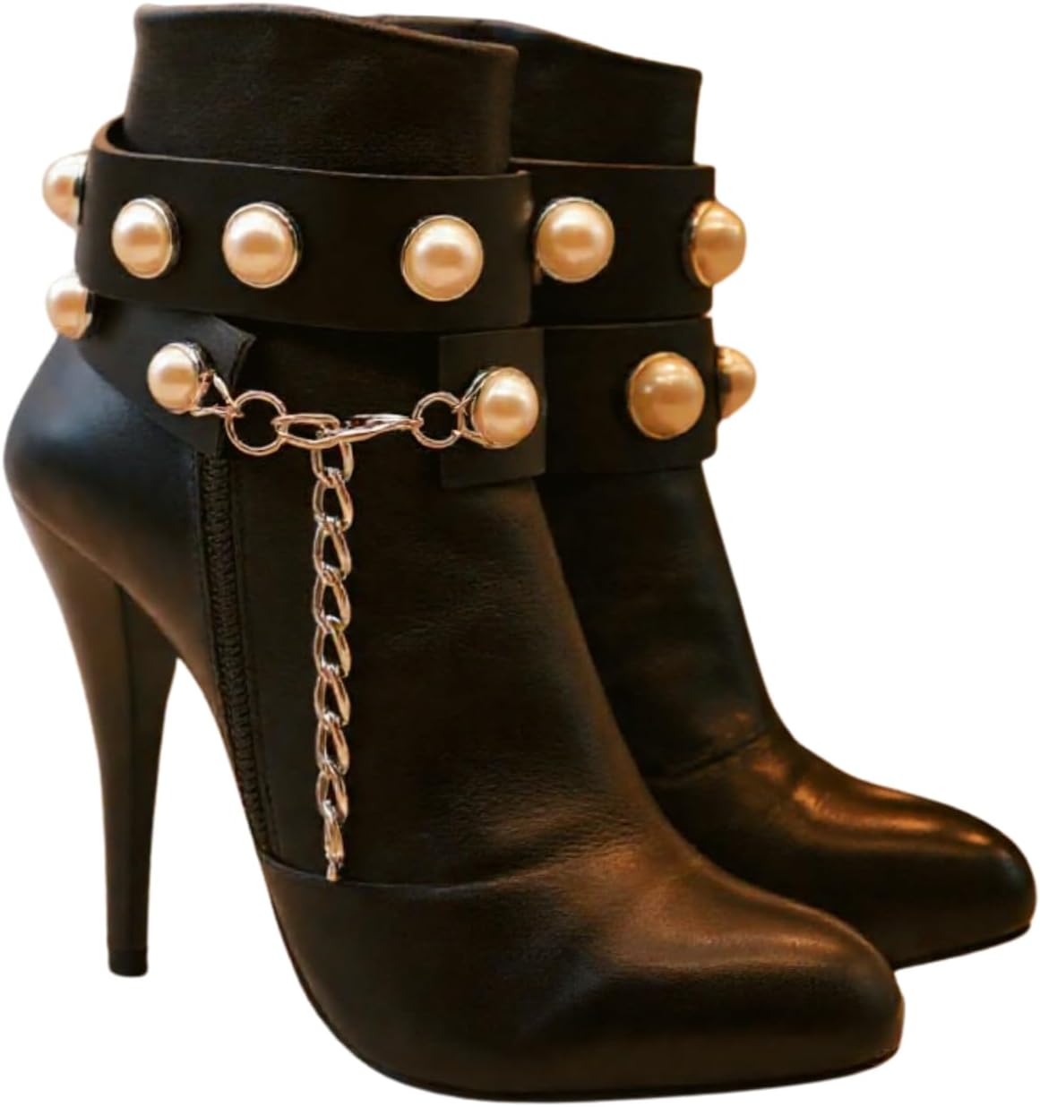 TrendyFashionJewelry Women Western 2 Boot Chain Bracelets Anklet Heel Black Band Strap Pearl Beads Shoe Charm z271 PAIR