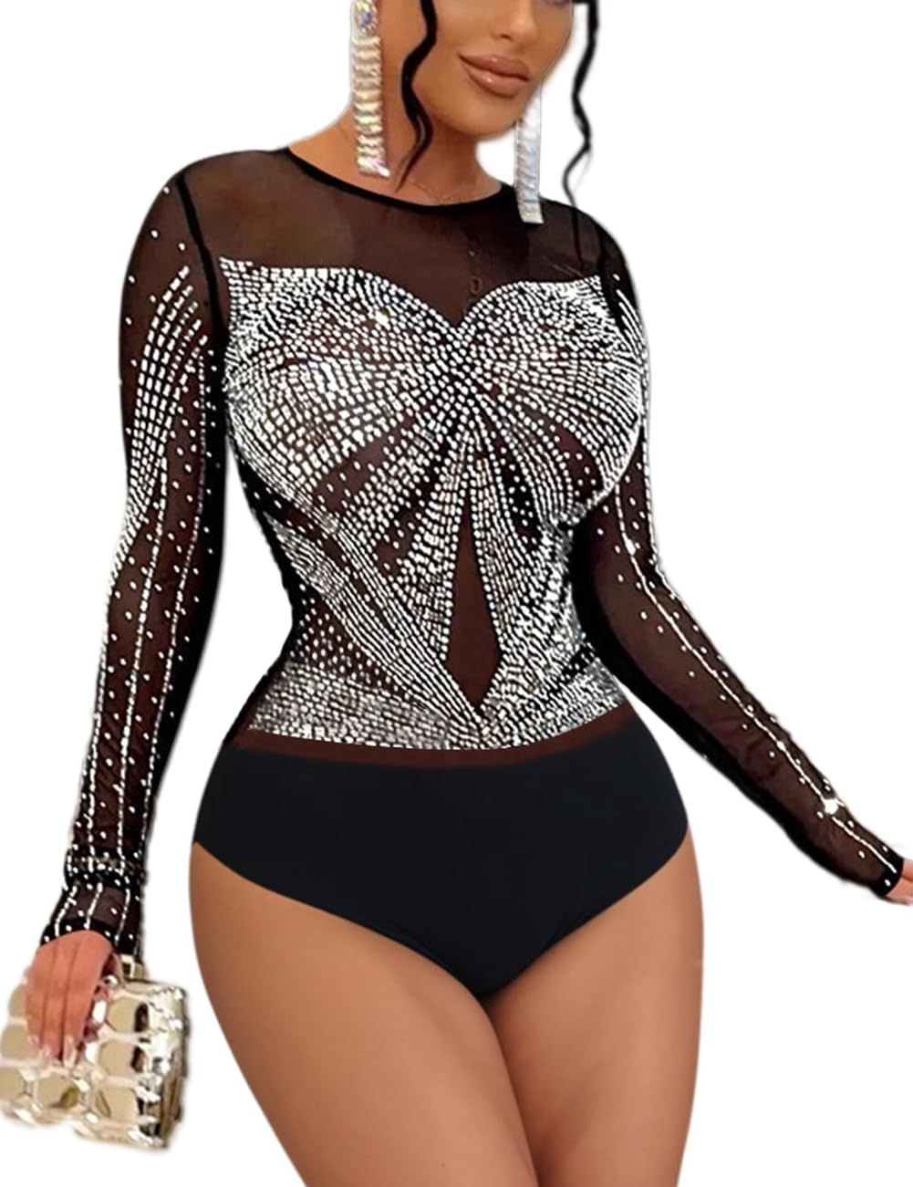 Women's Sheer Mesh Bodysuit - Turtleneck Long Sleeve See-Through Leotard With Snap Crotch, Black Clubwear Top - View #2